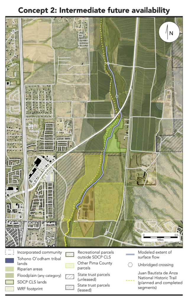 A map shows in-channel flow originating from a wastewater reclamation facility, with surrounding road networks, structures, and land uses.